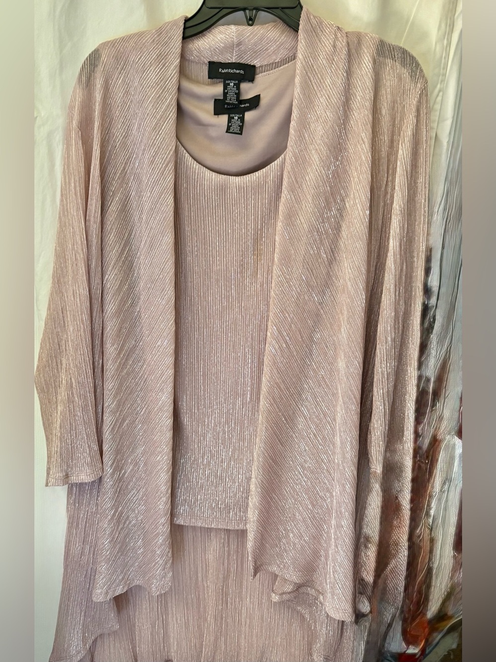 R&M Richards Light Blush Shimmery Knit Cardigan and Shell Set